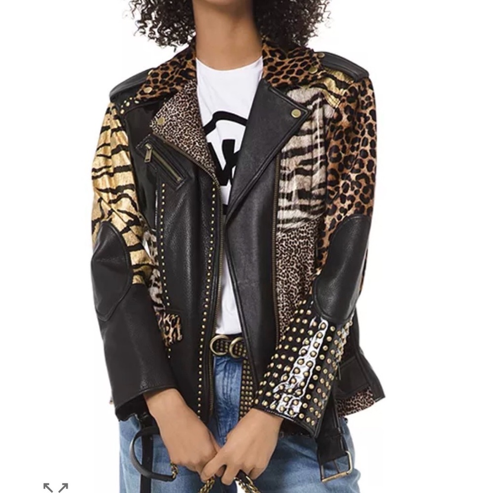 Michael Kors Animal-Print Patchwork Leather Moto Jacket (Brand new)